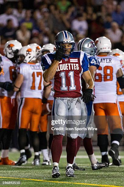 Montreal Alouettes linebacker Chip Cox reacts as the BC Lions score a touchdown during a CFL game between the BC Lions and the Montreal Alouettes at...