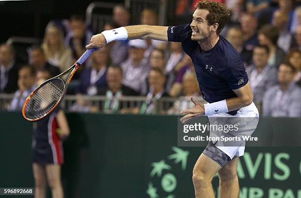 Glasgow, UK.: Andy Murray in action here, defeats Thanasi Kokkinakis 6-3 6-0 6-3 during day 1 play of the Davis Cup semi-finals match between Great...