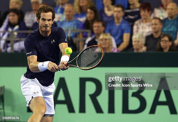 Glasgow, UK.: Andy Murray in action here, defeats Thanasi Kokkinakis 6-3 6-0 6-3 during day 1 play of the Davis Cup semi-finals match between Great...