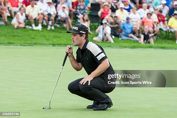 David Lingmerth lines up his put on the 18th green during regulation play during the final round of the Memorial Tournament presented by Nationwide...