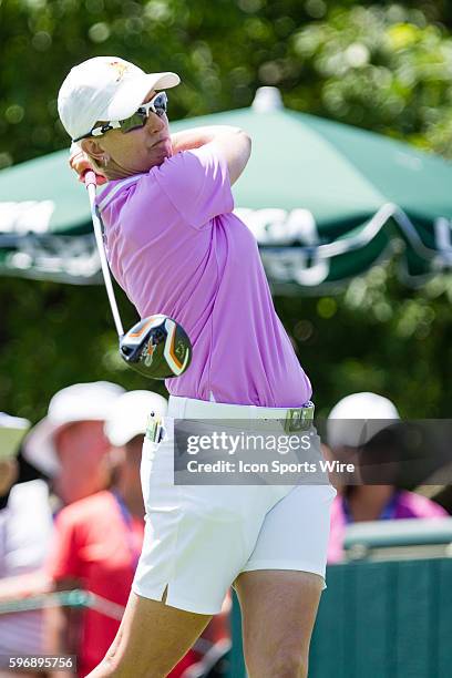 Karrie Webb watches her tee shot after teeing off from the 1st tee during the second round of the 2015 U.S. Women's Open at Lancaster Country Club in...