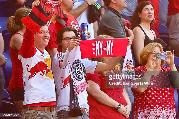 New York Red Bulls Fans during the first half of the game between the New York Red Bulls and the New York City FC played at Red Bull Arena in...