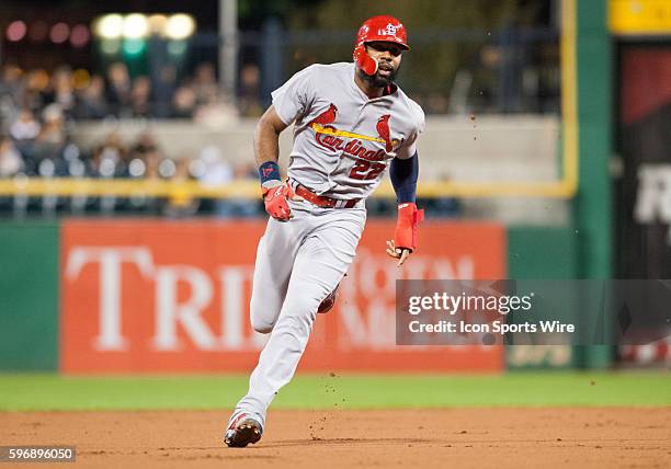 St. Louis Cardinals right fielder Jason Heyward advances on an RBI double by first baseman Matt Adams during the first inning in the game between the...