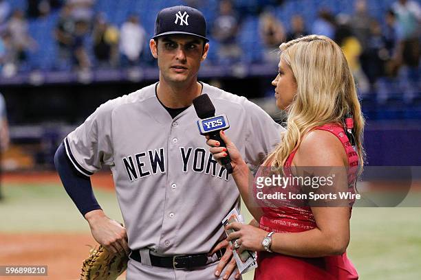 New York Yankees first baseman Greg Bird is interviewed by Meredith Marakovits of the YES Network after the Yankees 3-1 victory of the regular season...