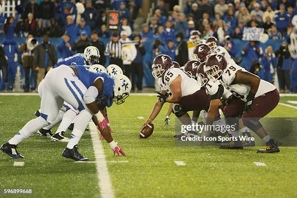 Colonel's Z Stephenson spiks the ball during 1st half ofthe NCAA football game between the Eastern Kentucky Colonels and the Kentucky Wildcats at...