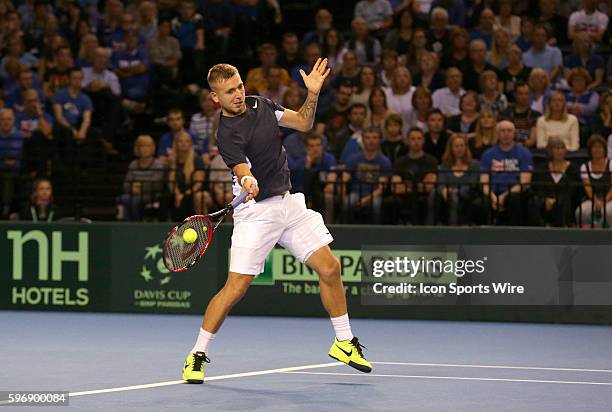 Glasgow, UK.: Dan Evans in action here, loses to Bernard Tomic 3-6 6-7 7-6 4-6 during day 1 play of the Davis Cup semi-finals match between Great...