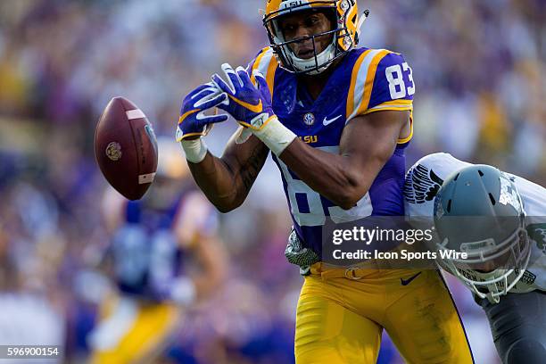 Tigers wide receiver Travin Dural has the ball fall from his hands during the game between the LSU Tigers and Eastern Michigan at the Tiger Stadium...