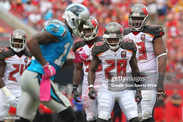 Tampa Bay Buccaneers cornerback Tim Jennings stairs down Carolina Panthers wide receiver Ted Ginn as they get ready to lineup during the NFL Week 4...