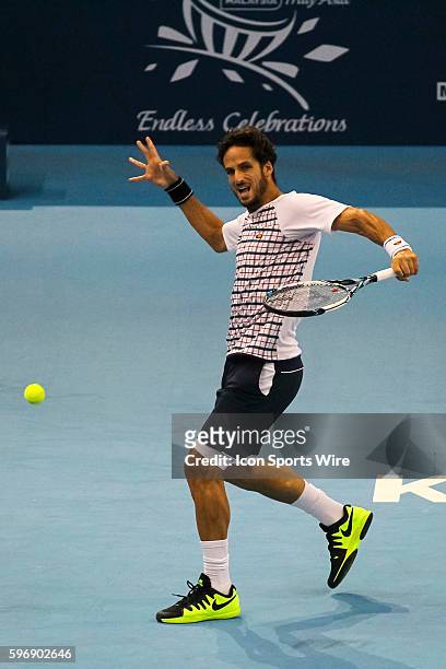 Feliciano Lopez of Spain in action during his 5-7, 5-7 lost against David Ferrer of Spain in the final match of ATP World Tour 250 Malaysian Open,...