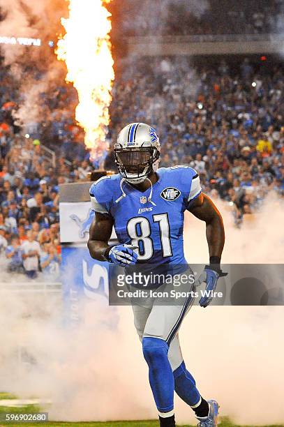Detroit Lions wide receiver Calvin Johnson is introduced during pre game introductions prior to during the game on Sunday evening, Ford Field,...