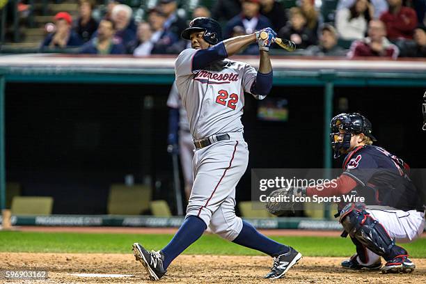 Minnesota Twins Designated hitter Miguel Sano [7849] blasts a home run during the eighth inning of the game between the Minnesota Twins and Cleveland...