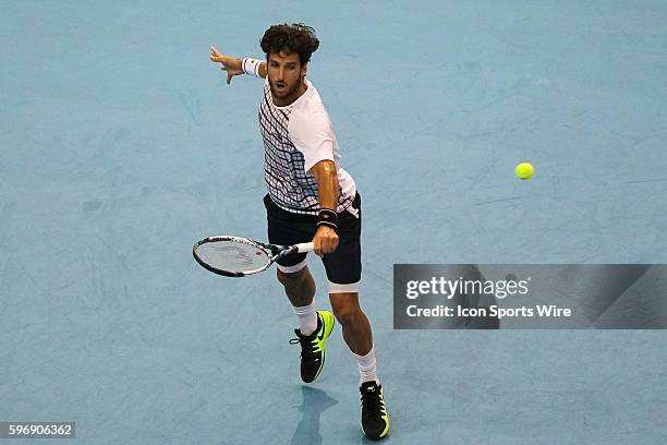 Feliciano Lopez of Spain in action during his 7-6, 7-6 win over Nick Kyrgios of Australia in the semifinal match of ATP World Tour 250 Malaysian...