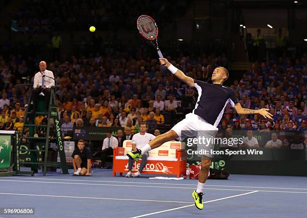 Glasgow, UK.: Dan Evans in action here, loses to Bernard Tomic 3-6 6-7 7-6 4-6 during day 1 play of the Davis Cup semi-finals match between Great...