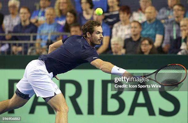 Glasgow, UK.: Andy Murray in action here, defeats Thanasi Kokkinakis 6-3 6-0 6-3 during day 1 play of the Davis Cup semi-finals match between Great...