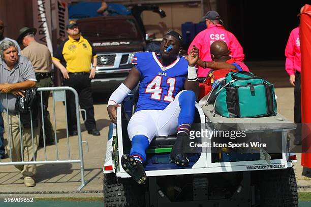 Buffalo Bills Running Back Cierre Wood is carted off the field during the NFL football game between the Buffalo Bills and the Tennessee Titans. The...