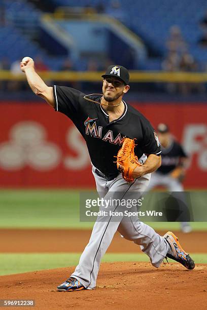 Miami Marlins starting pitcher Jose Fernandez during the regular season game between the Miami Marlins and the Tampa Bay Rays at Tropicana Field in...