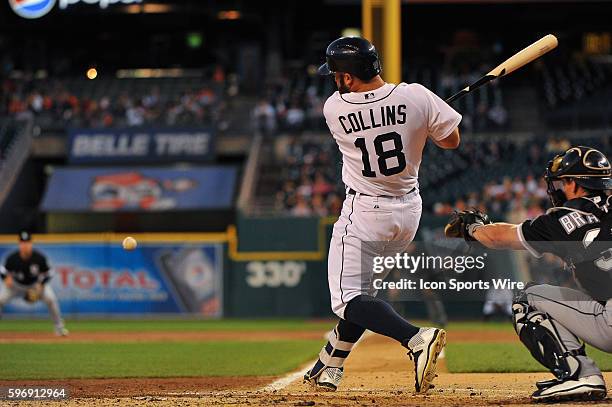 Detroit Tigers left fielder Tyler Collins grounds to first base during the game on Monday evening, Comerica Park, Detroit, Michigan.