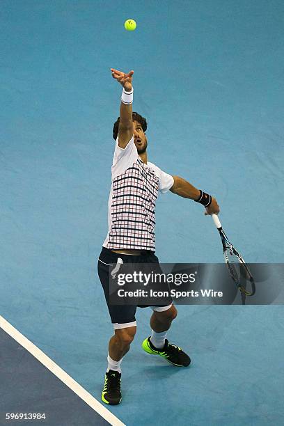 Feliciano Lopez of Spain in action during his 7-6, 7-6 win over Nick Kyrgios of Australia in the semifinal match of ATP World Tour 250 Malaysian...