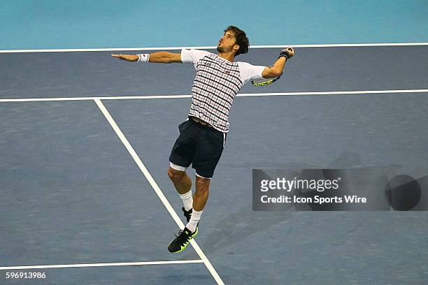 Feliciano Lopez of Spain in action during his 7-6, 7-6 win over Nick Kyrgios of Australia in the semifinal match of ATP World Tour 250 Malaysian...