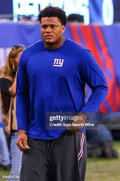New York Giants offensive tackle Ereck Flowers on the field prior to the game between the New York Giants and the Washington Redskins played at...
