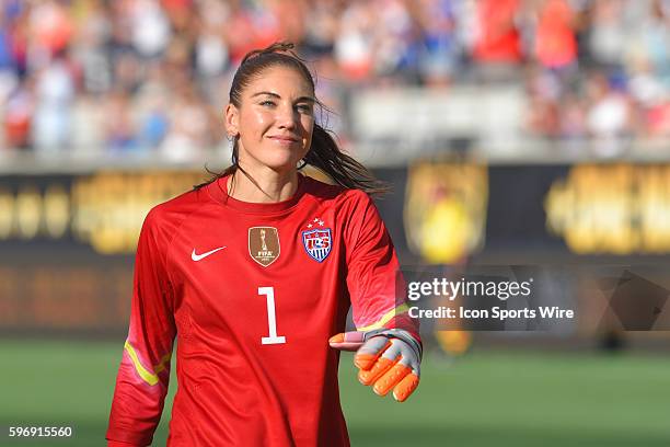 Orlando, Florida, USA, Hope Solo of the US Women's National Team smiling after Stephanie McCaffrey goal during USA v Brazil friendly International...