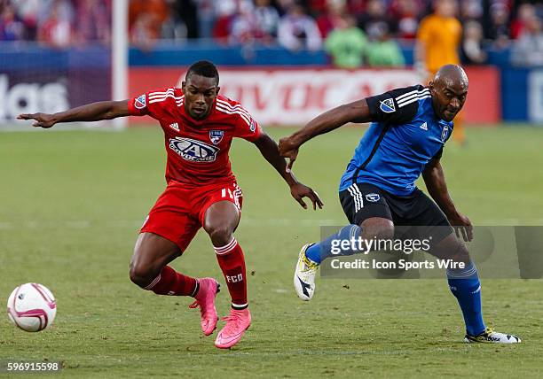 Dallas forward Fabian Castillo and San Jose Earthquakes defender Marvell Wynne battle for a ball during the MLS match between the San Jose...