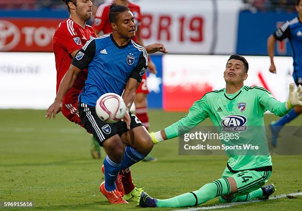 Dallas goalkeeper Jesse Gonzalez successfully challenges a shot from San Jose Earthquakes forward Quincy Amarikwa during the MLS match between the...