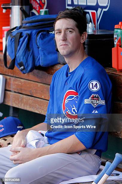 Chicago Cubs starting pitcher Kyle Hendricks sits in the dugout during the first inning of game two of baseball's National League Division Series...