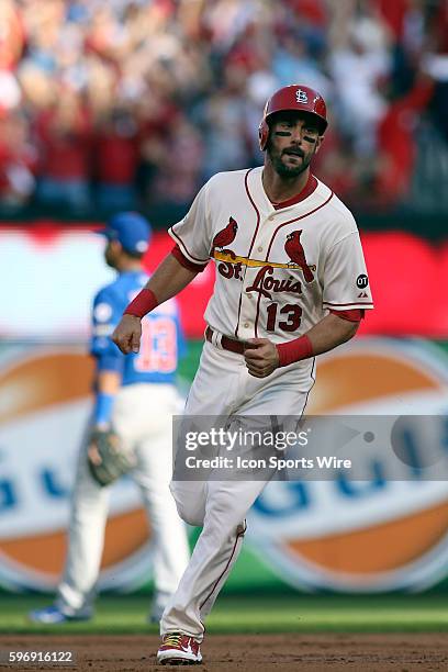 St. Louis Cardinals third baseman Matt Carpenter rounds the bases after hitting a solo home run \during the first inning of game two of baseball's...
