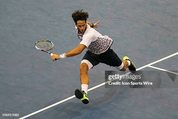 Feliciano Lopez of Spain in action during his 5-7, 5-7 lost against David Ferrer of Spain in the final match of ATP World Tour 250 Malaysian Open,...