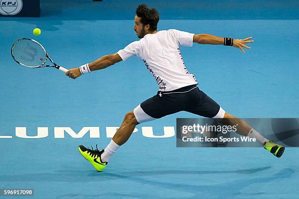 Feliciano Lopez of Spain in action during his 5-7, 5-7 lost against David Ferrer of Spain in the final match of ATP World Tour 250 Malaysian Open,...