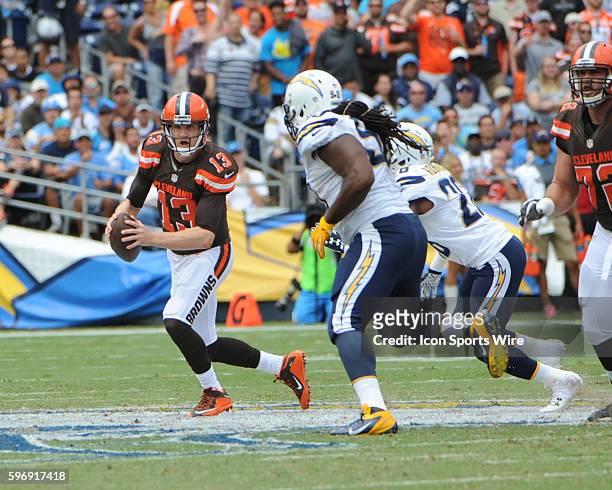 October 4, 2015 - San Diego Chargers Cornerback Patrick Robinson [9020] and San Diego Chargers Defensive End Ricardo Mathews [10914] put pressure on...