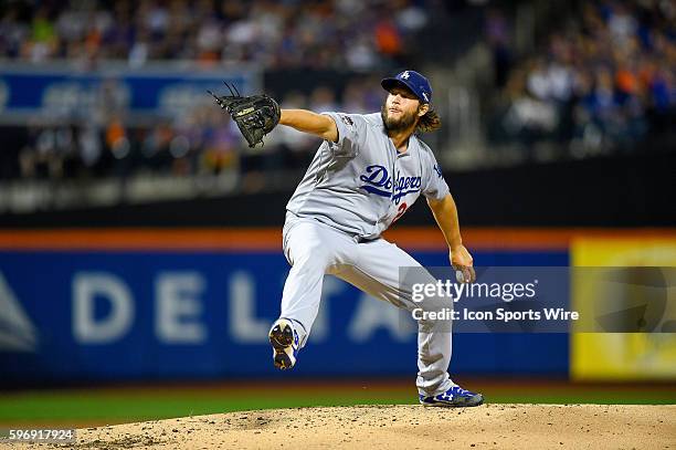 Los Angeles Dodgers starting pitcher Clayton Kershaw during Game 4 of the NLDS between the New York Mets and the Los Angeles Dodgers played at Citi...