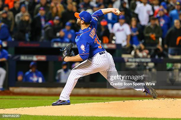 New York Mets starting pitcher Matt Harvey pitches during the first inning of Game 1 of the National League Championship Series between the New York...