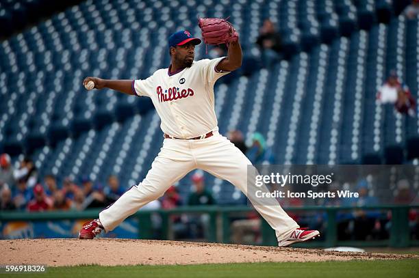 Philadelphia Phillies Pitcher Jerome Williams pitches in relief in the eighth inning during the game between the New York Mets and the Philadelphia...