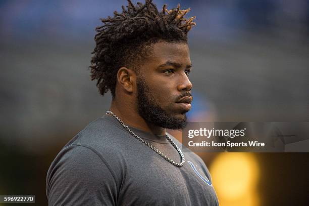 Indianapolis Colts running back Josh Robinson warms up before a NFL game between the Indianapolis Colts and New Orleans Saints at Lucas Oil Stadium...