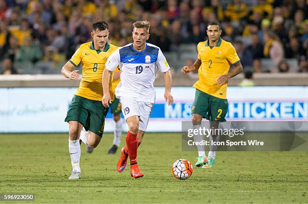 Vitalij Lux of Kyrgyzstan brings the ball upfield against Australia in the Asia Group FIFA 2018 World Cup qualifying game played at the GIO Stadium...