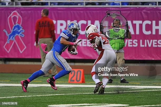 Detroit Lions wide receiver T.J. Jones makes this catch with Arizona Cardinals cornerback Jerraud Powers covering him during the game on Sunday...
