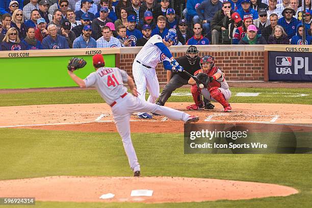 Anthony Rizzo singles while playing in game 4, of the NLDS, in a game between the St Louis Cardinals, and the Chicago Cubs, at Wrigley Field,...