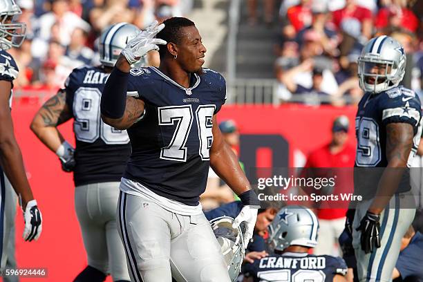 Dallas Cowboys defensive end Greg Hardy dances as he antagonizes the crowed as they boo him in the 4th quarter of the NFL game between the Dallas...