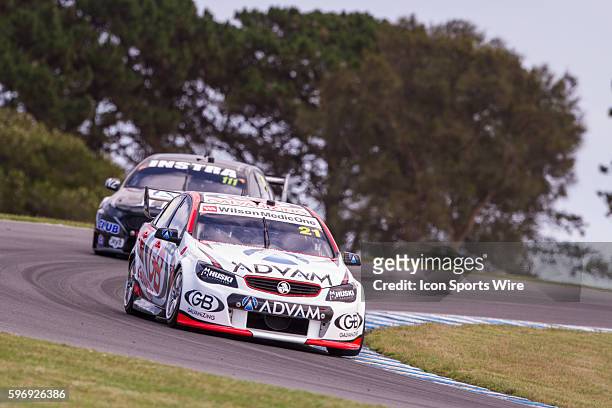 Dale Wood of GB Galvanising Racing and Andre Heimgartner of Super Black Racing during practice for the V8 Supercars WD-40 Philip Island Supersprint...