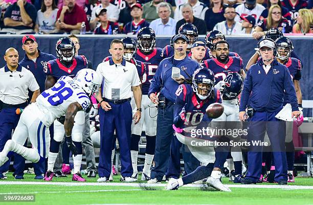Houston Texans Wide Receiver DeAndre Hopkins catches a pass on an out route while Indianapolis Colts Cornerback Greg Toler defends during the Colts...