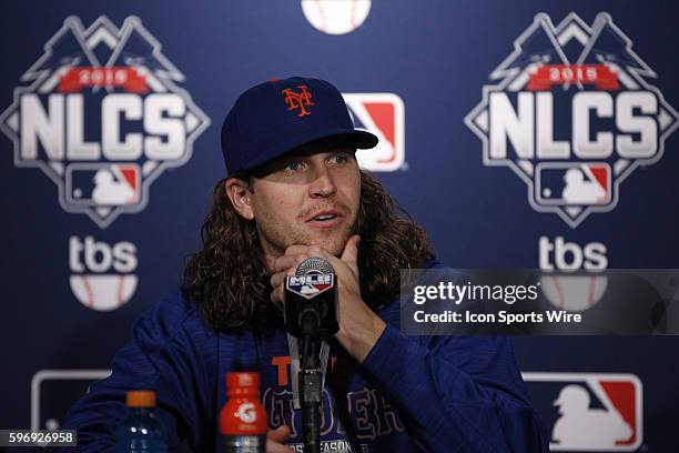 New York Mets starting pitcher Jacob deGrom talks to members of the media in a post game conference in game three action of the National League...