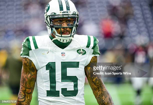 New York Jets Wide Receiver Brandon Marshall before the Jets at Texans game at NRG Stadium, Houston, Texas.