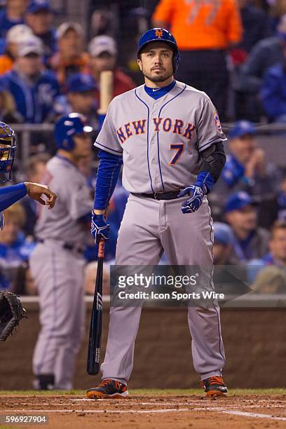 New York Mets catcher Travis d'Arnaud during the World Series game 2 between the New York Mets and the Kansas City Royals at Kauffman Stadium in...