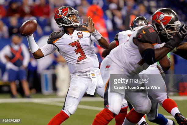 Tampa Bay Buccaneers quarterback Jameis Winston looks down field to make the pass during the football game between the Tampa Bay Buccaneers at...