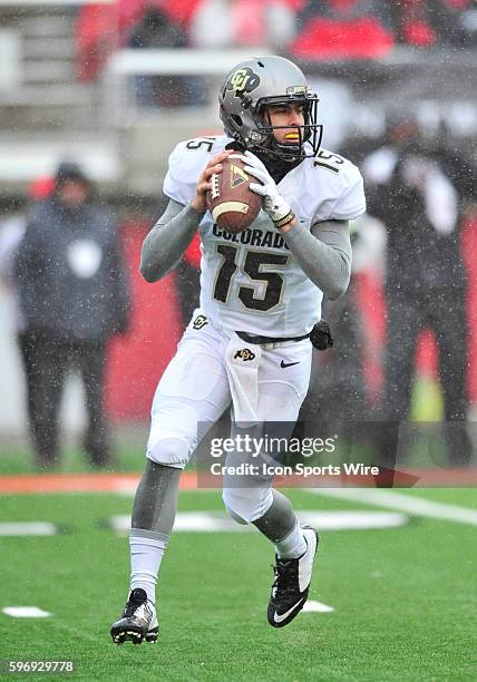 Colorado Buffaloes quarterback Cade Apsay looks for an open receiver during a game between Colorado and Utah. The Utah Utes defeated the Colorado...