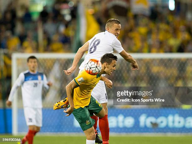 Ivan Filatov of Kyrgyzstan heads the ball past Massimo Luongo of Australia in first half action of the Asia Group FIFA 2018 World Cup qualifying game...