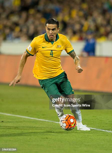 Tim Cahill of Australia takes the ball downfield against Kyrgyzstan in an Asia Group FIFA 2018 World Cup qualifying game played at the GIO Stadium in...