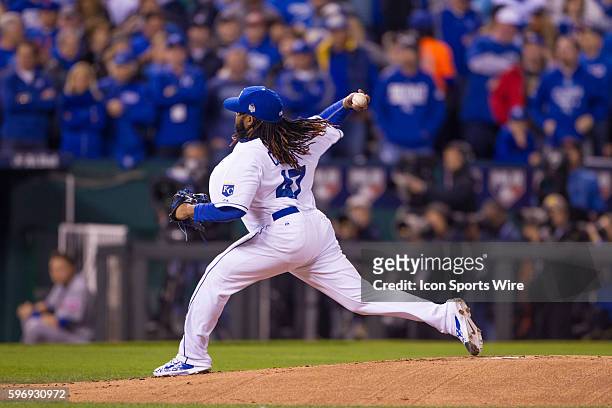 Kansas City Royals starting pitcher Johnny Cueto during the World Series game 2 between the New York Mets and the Kansas City Royals at Kauffman...